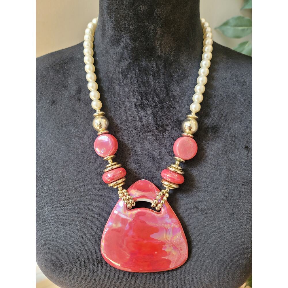 Women's Pearl And Red Pendant Necklace Statement Beaded Fashion Jewelry